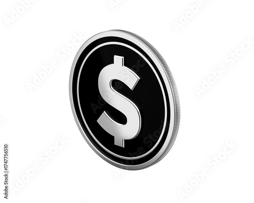 Shining silver dollar coin on black, representing finance and wealth.
