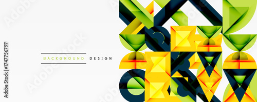 Abstract geometric shapes, vibrant colors, modern design. Yellow, green, black elements create dynamic composition. Clean background enhances visual impact.