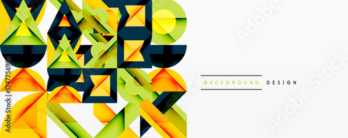 Abstract geometric shapes overlap, creating vibrant colorful background. Yellow, green, navy dominate design. Minimalist style.