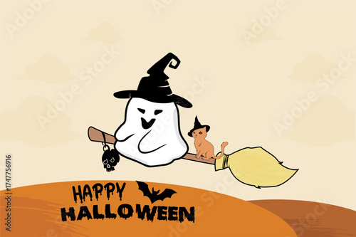 A cute ghost flying on a broomstick with a cat and a skull attached to the front of the broom. Halloween witch illustration.