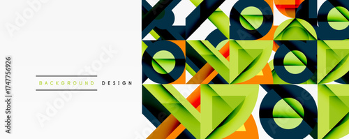 Geometric shapes create vibrant pattern. Green, orange, teal dominate design. Minimalist aesthetic suits modern applications.