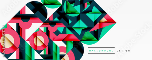 Abstract geometric shapes overlap, creating vibrant colorful background. Modern design utilizes layered triangles, squares, circles.
