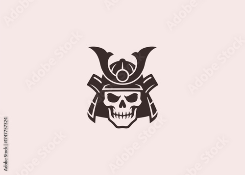 A fierce samurai head skull logo, combining warrior honor and death symbolism in a bold, intimidating line art composition