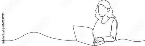 Dynamic single line drawing of a focused woman working on her laptop, perfect for minimalist designs and modern business concepts with clean and simple elegance