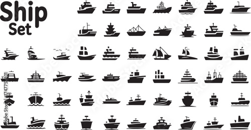 Diverse collection of silhouette ship icons a comprehensive nautical fleet for design projects