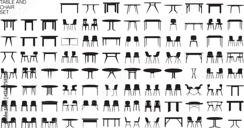 table and chair Collection silhouettes simple line art icons modern furniture design set