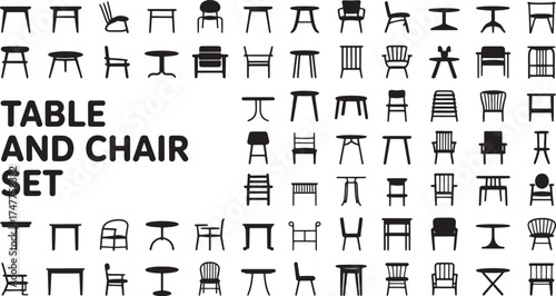 table and chair Collection icons simple black silhouette art on a white canvas