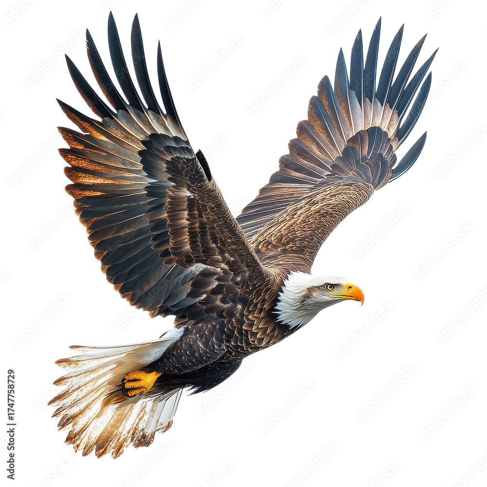 Fototapeta premium Eagle soars on black sky on transparent background