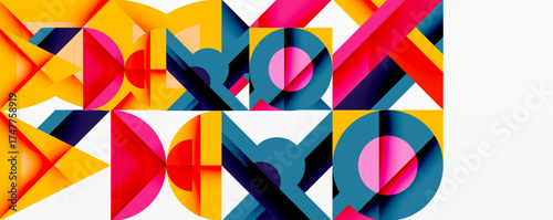 Abstract geometric composition. Vivid colors intersect, creating dynamic patterns. Shapes overlap, forming complex visual texture.