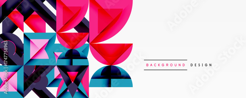 Abstract geometric shapes, vibrant colors, modern design. Composition features pink, blue, purple gradients. Clean aesthetic, suitable background element.