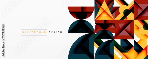 Abstract geometric pattern. Orange, brown, teal shapes create dynamic composition. Minimalist design with text elements present. Modern aesthetic.
