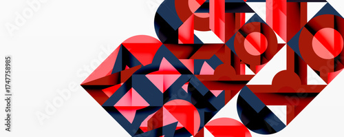 Abstract geometric composition. Red, navy shapes intersect, creating dynamic visual effect. Minimalist style, clean lines, modern design.