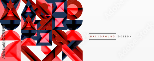 Abstract geometric shapes, red and navy hues, layered design. Minimalist style, modern aesthetic, suitable banner or backdrop.