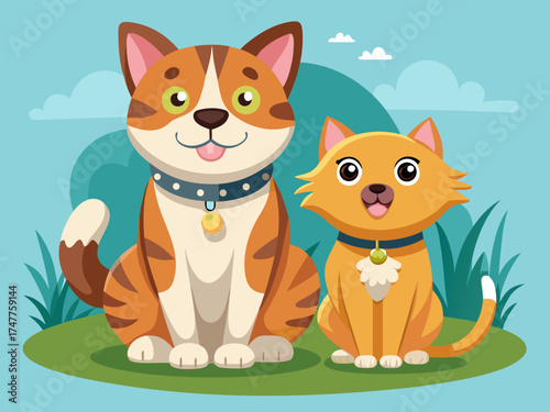 Cartoon dog and cat sitting together in a grassy field