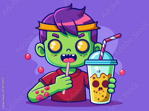 Cartoon zombie boy drinking a colorful beverage 