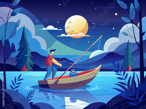 Fisherman in a boat under a full moon at night fishing