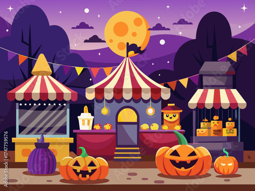Halloween carnival stalls with pumpkins and moon fair