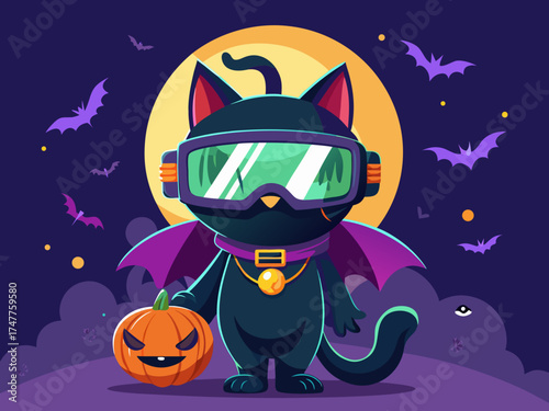 Halloween Cat with Pumpkin and Bat Wings 
