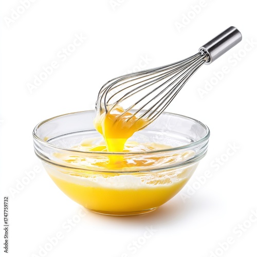 Whisking eggs in a clear glass bowl on a white background for cooking or baking preparation process
