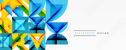 Abstract geometric shapes, vibrant colors, modern design. Blue, yellow dominate composition, white space present.