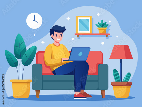 Man working on laptop while sitting on a couch at home
