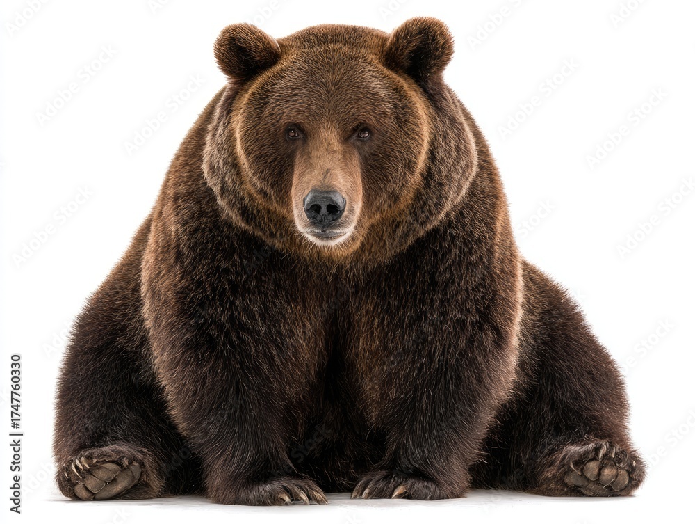 Fototapeta premium Brown bear sitting, front view, isolated on white