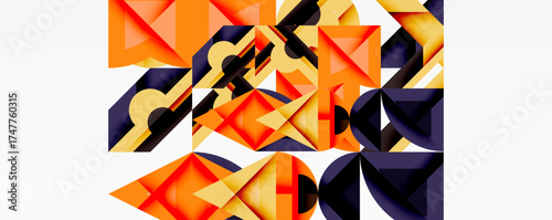 Abstract geometric composition. Orange, yellow, black shapes overlap creating dynamic visual texture. Modern design, clean lines, minimalist aesthetic.