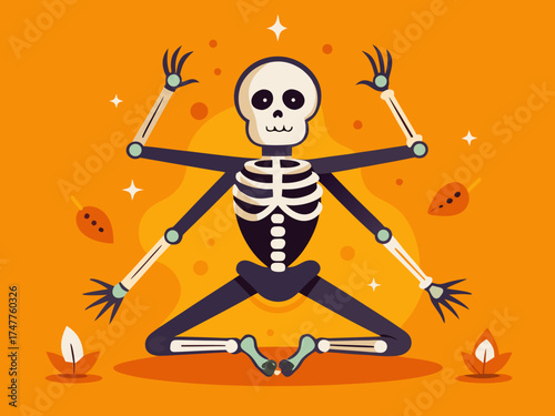 Skeleton meditating in yoga pose on orange background