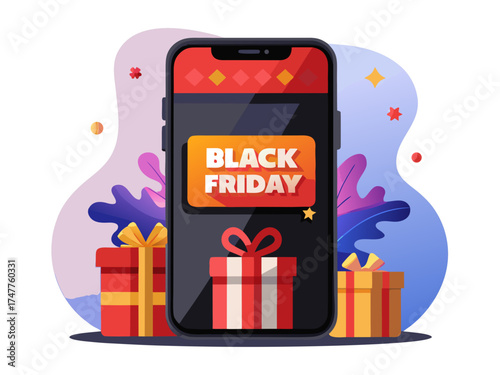 Smartphone displaying Black Friday with gift boxes