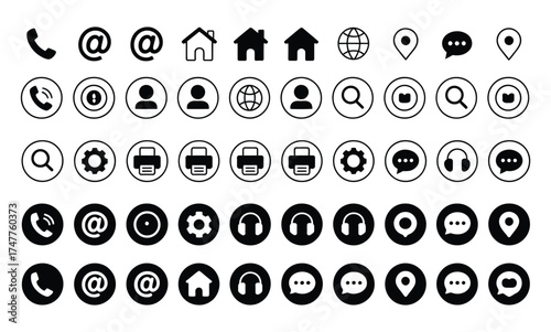 Set of Black and White Contact and Communication Icons in Circles on White Background