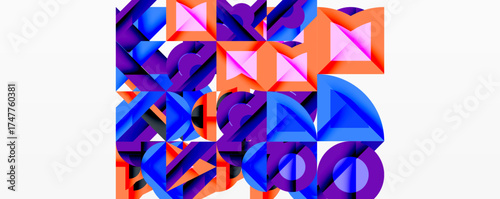 Abstract geometric composition. Shapes overlap, creating vibrant color blocks. Blue, purple, orange dominate design. Modern aesthetic.
