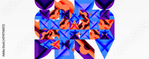 Abstract geometric shapes, vibrant blues, oranges, purples. Complex composition, modern design, digital illustration. Clean lines, symmetrical patterns, bold colors.