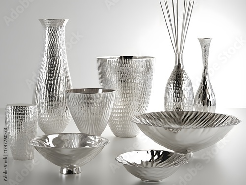 Elegant Silver Hammered Metal Vases Bowls Home Decor