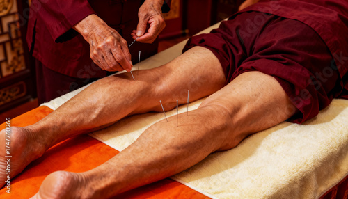 Acupuncture session, traditional Chinese medicine doctor administers acupuncture treatment clinic, inserting needles into patient lying couch, health and treatment using traditional Chinese medicine