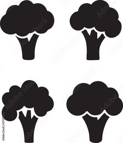 Broccoli Vegetable Icon Set Black Vector Silhouette Symbols for Healthy Food Vegan Diet Produce Market and Cooking Ingredients