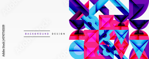 Abstract geometric shapes, vibrant colors, modern design. Background features pink, blue, purple gradients. Minimalist text present.