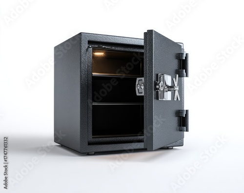 Open dark gray metal security safe on white background