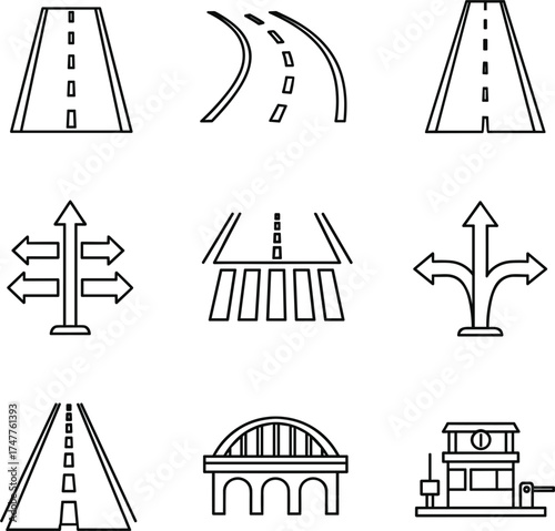 Road and Highway Outline Icon Set with Lane Markings, Directional Arrows, Pedestrian Crossings, Overpasses, and Traffic Flow Symbols in Line Art Style.