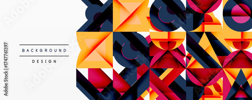 Abstract geometric pattern. Bold colors create dynamic composition. Shapes overlap, forming complex visual texture. Modern design element.