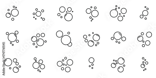 Bubbles line icons set. Soap foam, fizzy drink, oxygen bubble, effervescent effect line icons set, editable stroke. Bubbles and foam icon set.
