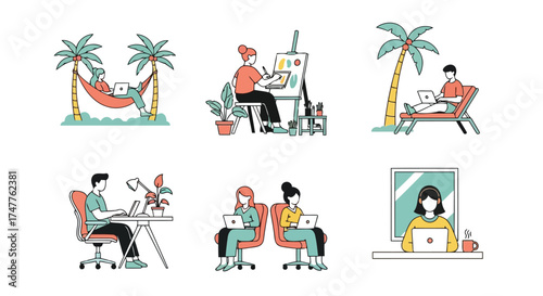 Set of flat design illustrations showing people working remotely in diverse locations, including beach, office, and park, highlighting flexibility and modern work culture