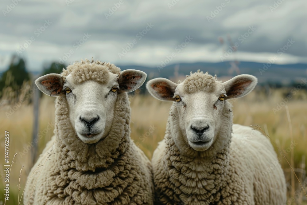 Obraz premium Two sheep are posing on a meadow under a cloudy sky