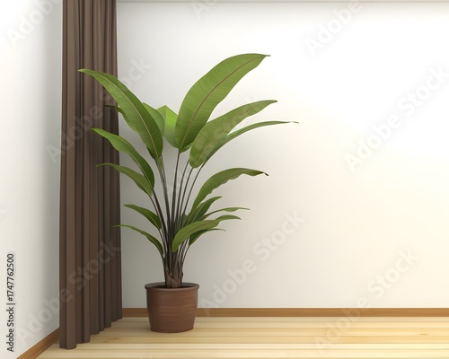 Indoor Plant Corner Minimalist Room Decor Brown Curtain
