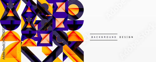 Abstract geometric shapes overlap, creating vibrant color contrast. Modern design features layered triangles, squares, circles.