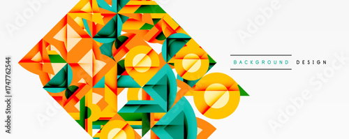 Abstract geometric shapes create vibrant composition. Orange, teal, yellow hues dominate design, modern aesthetic.
