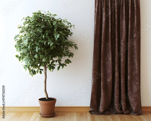 Indoor Plant Potted Tree Brown Curtain Minimalist Room Decor