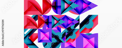 Abstract geometric shapes overlap, creating vibrant colorful composition. Red, purple, turquoise dominate design. Modern aesthetic.