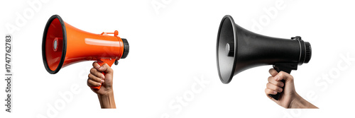 Orange and black megaphone held by hand isolated on transparent background