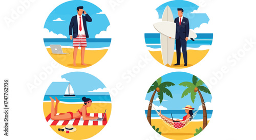 Business professionals embracing a worklife blend with remote work scenarios at the beach, featuring a man on a call, another with a surfboard, a woman sunbathing, and someone relaxing in a hammock