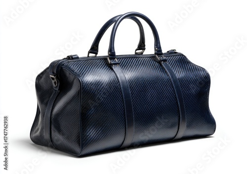 Dark navy blue duffel bag with textured leather